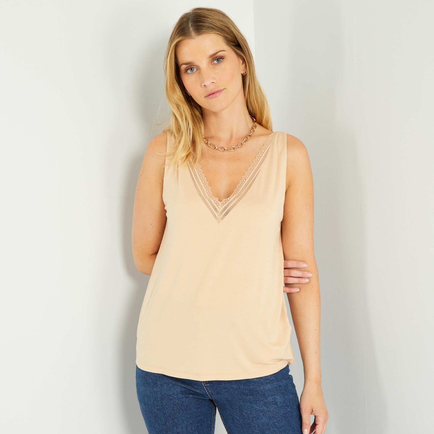 Stretch vest top with lace KHAKI BEIGE