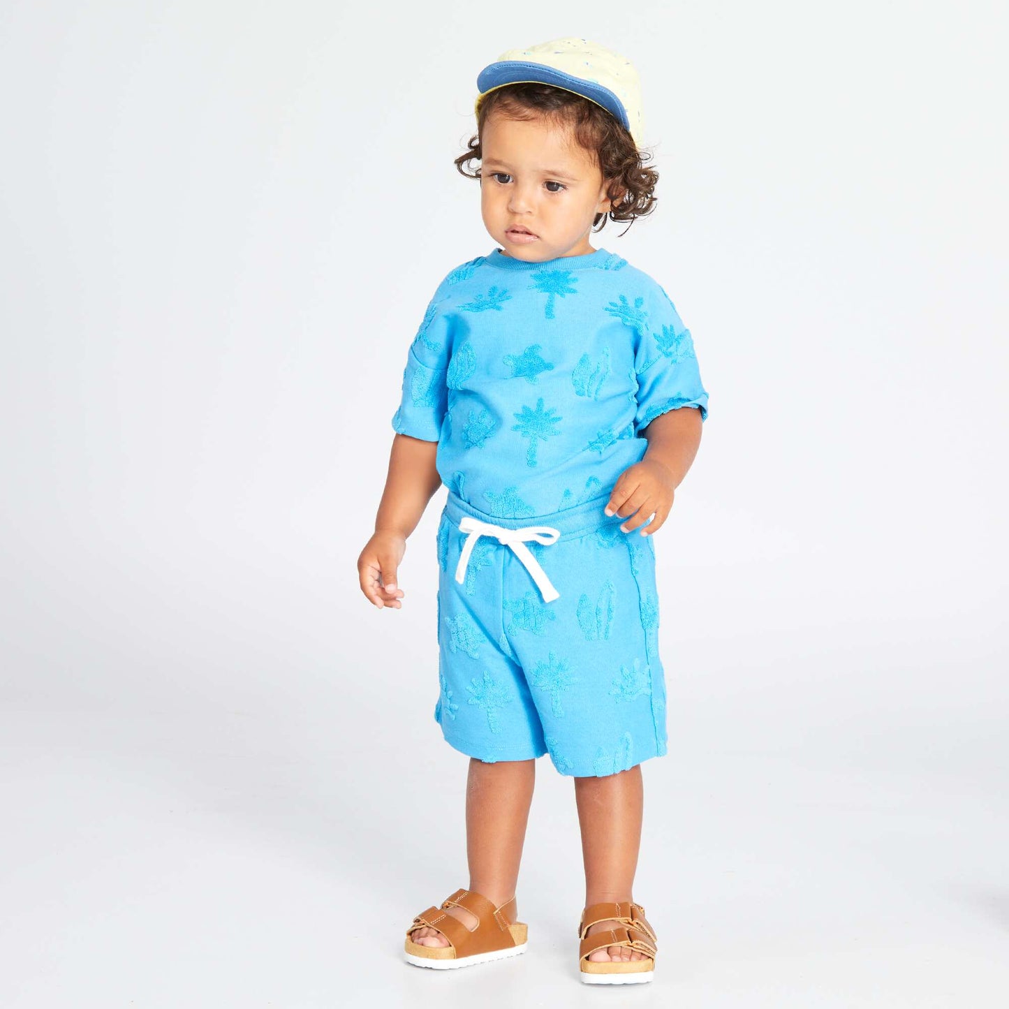 Short-sleeved T-shirt with bouclé knit pattern BLUE