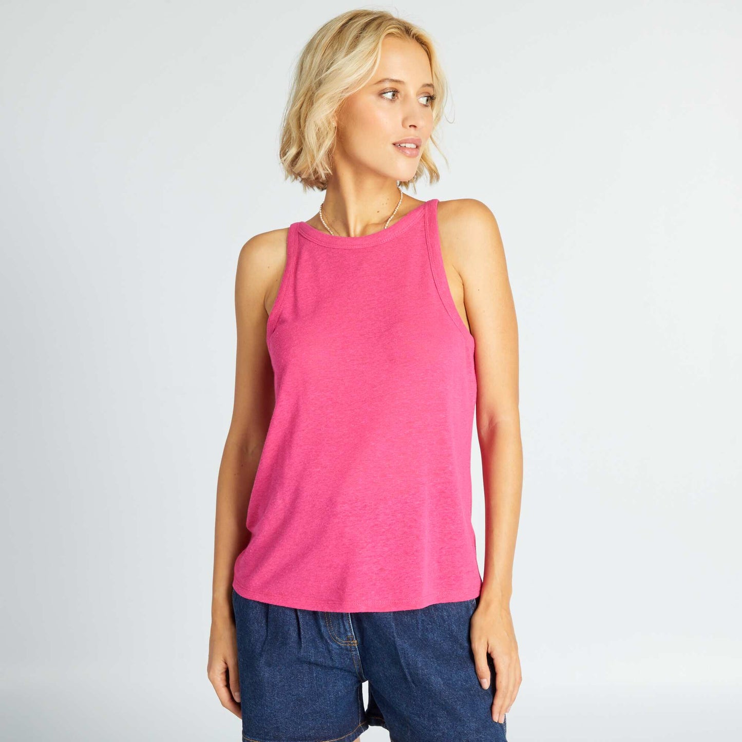 Linen top with cutaway arms bright pink