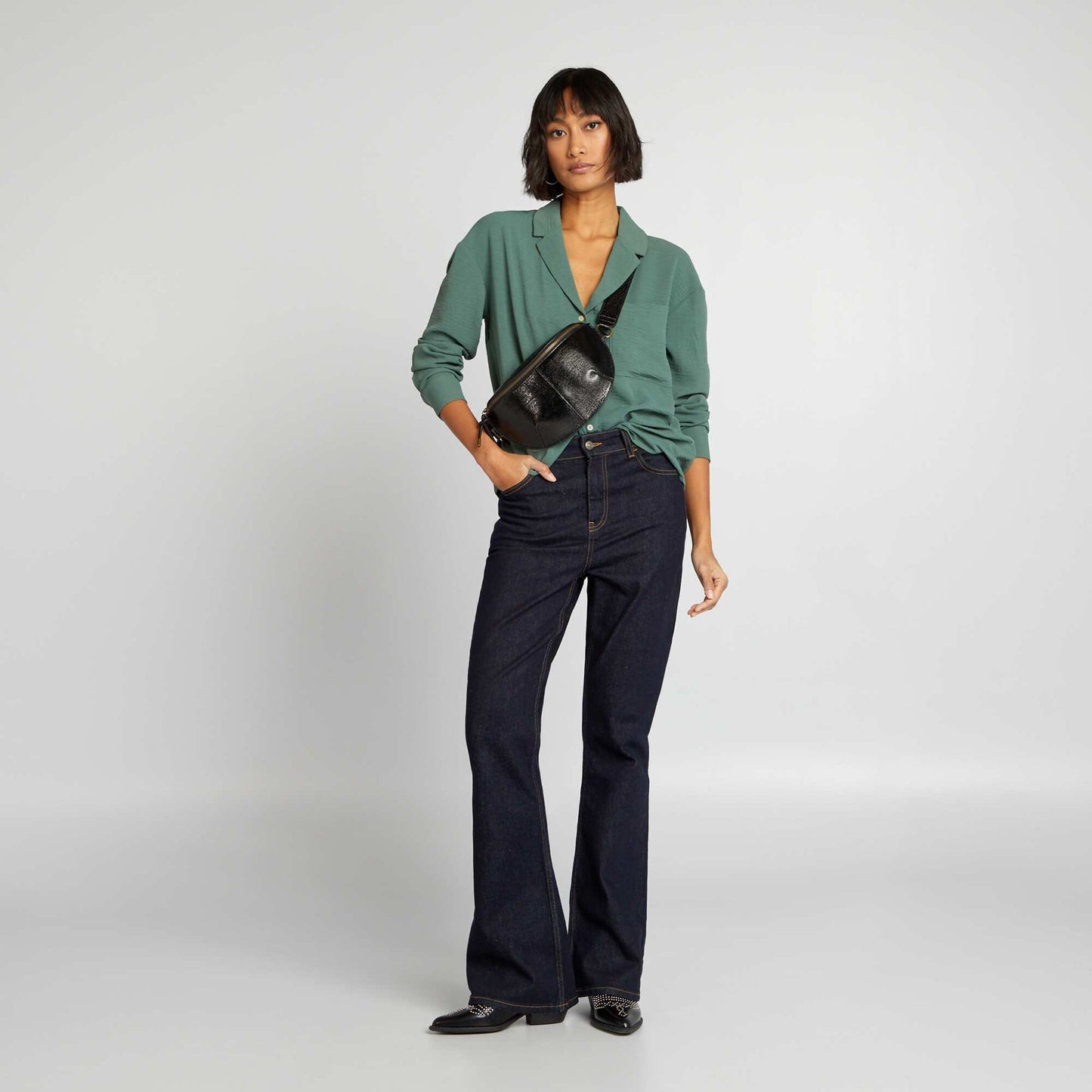 Long-sleeved blouse with pyjama collar GREEN