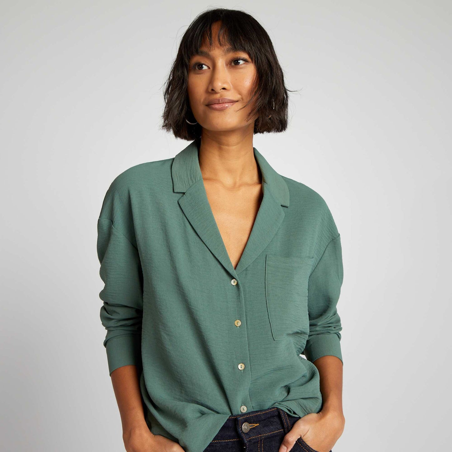 Long-sleeved blouse with pyjama collar GREEN