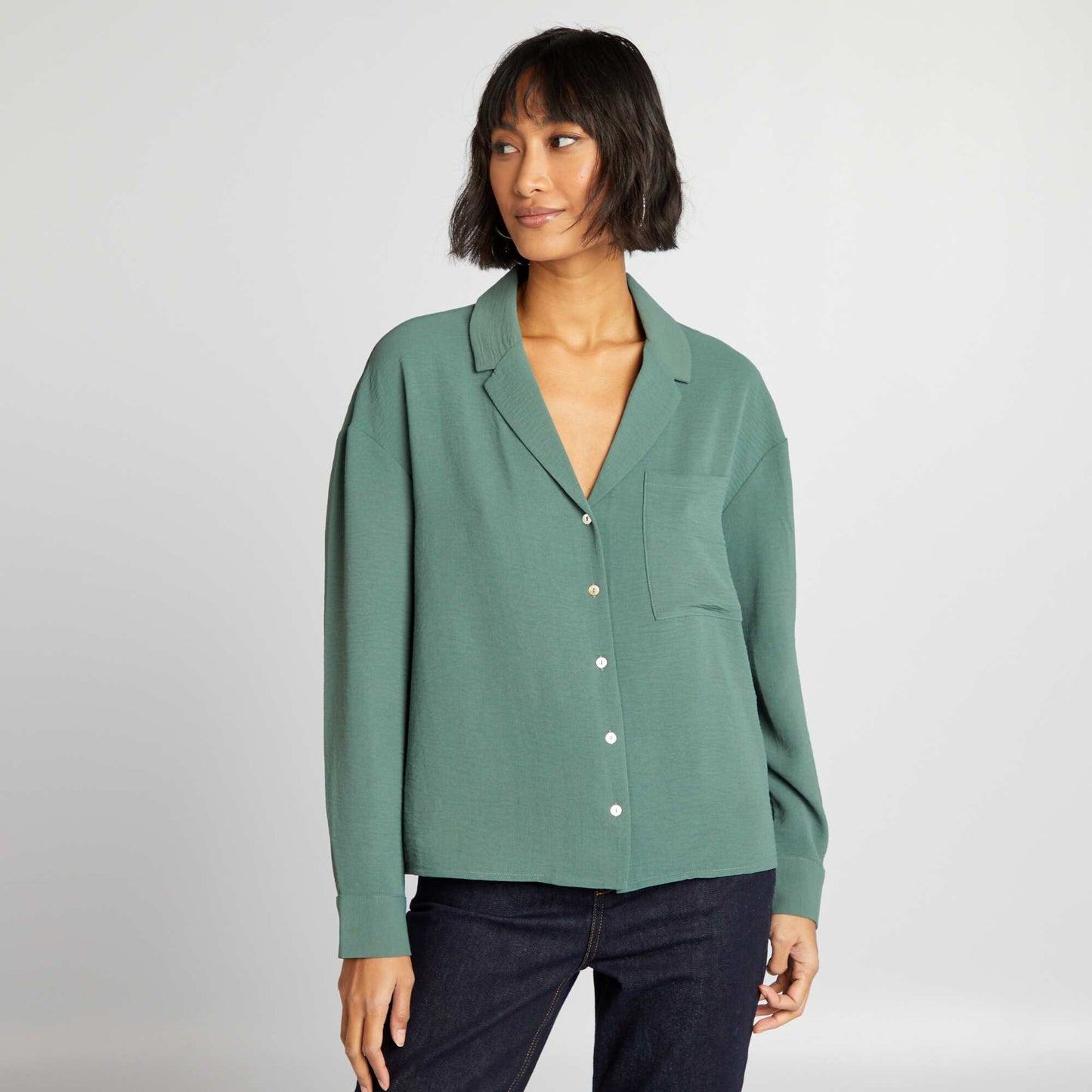 Long-sleeved blouse with pyjama collar GREEN