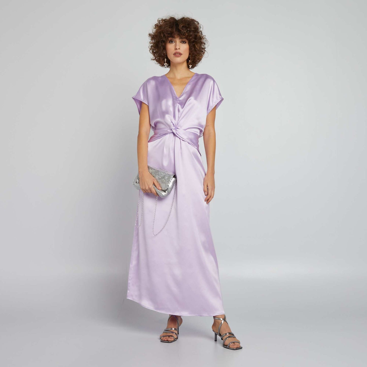 Long satin dress with tie at the front PURPLE
