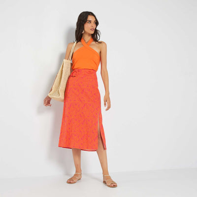 Printed Linen Midi Skirt PINK