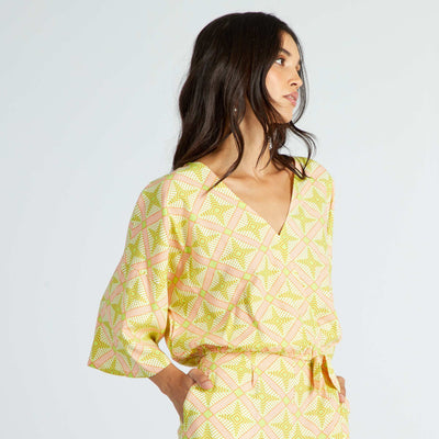 Wrap Blouse with Long Sleeves and Print WHITE