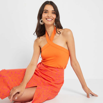 Ribbed Knit Crossover Neck Tank Top ORANGE