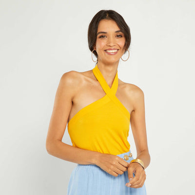 Ribbed Knit Cross-Neck Tank Top YELLOW