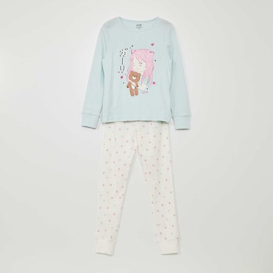 Long pyjamas - Strawberry print - 2-piece set BLUE