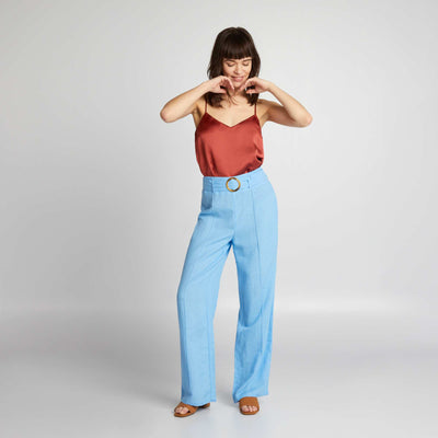 Wide-Leg High-Waisted Linen Trousers BLUE