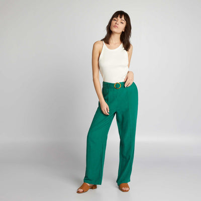 High-Waisted Wide-Leg Linen Trousers GREEN