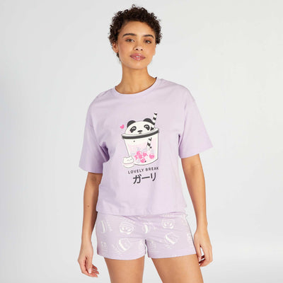 Printed Short Pajama Set - T-shirt + Shorts - 2 pieces PURPLE