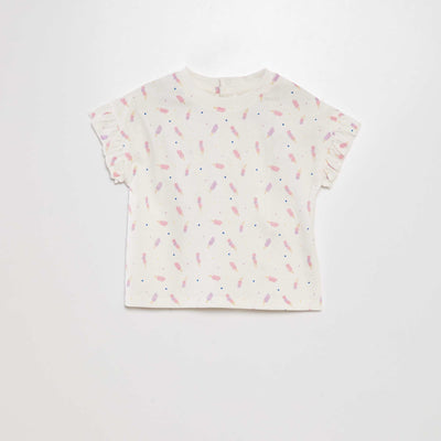 Printed T-shirt with flounced sleeves WHITE