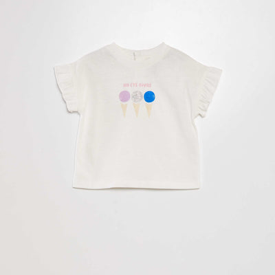 Printed T-shirt with flounced sleeves WHITE