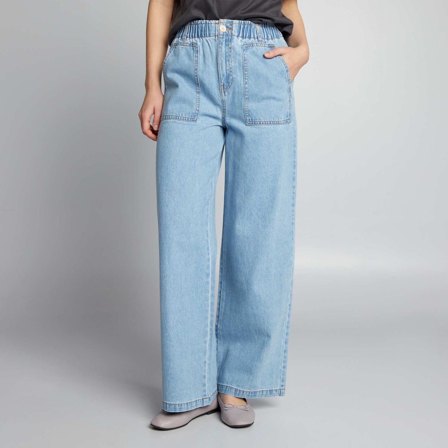 Wide-leg denim trousers with elasticated waistband BLUE