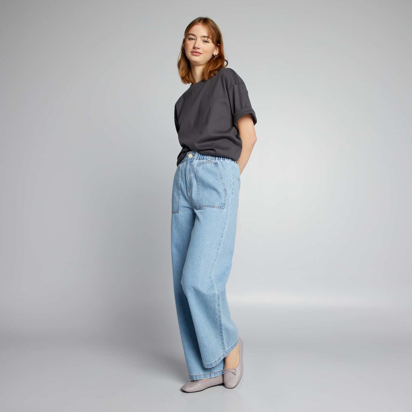 Wide-leg denim trousers with elasticated waistband BLUE