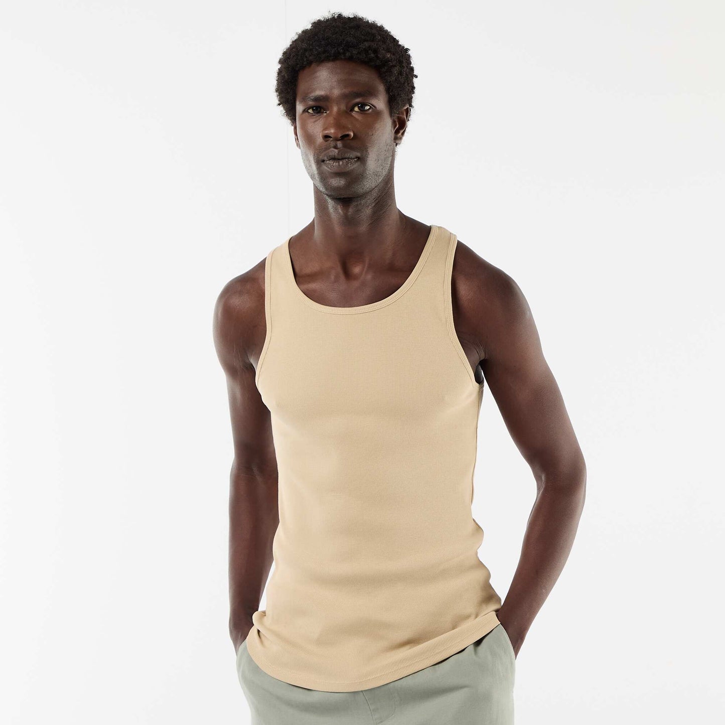 Plain vest top in ribbed knit fabric BEIGE