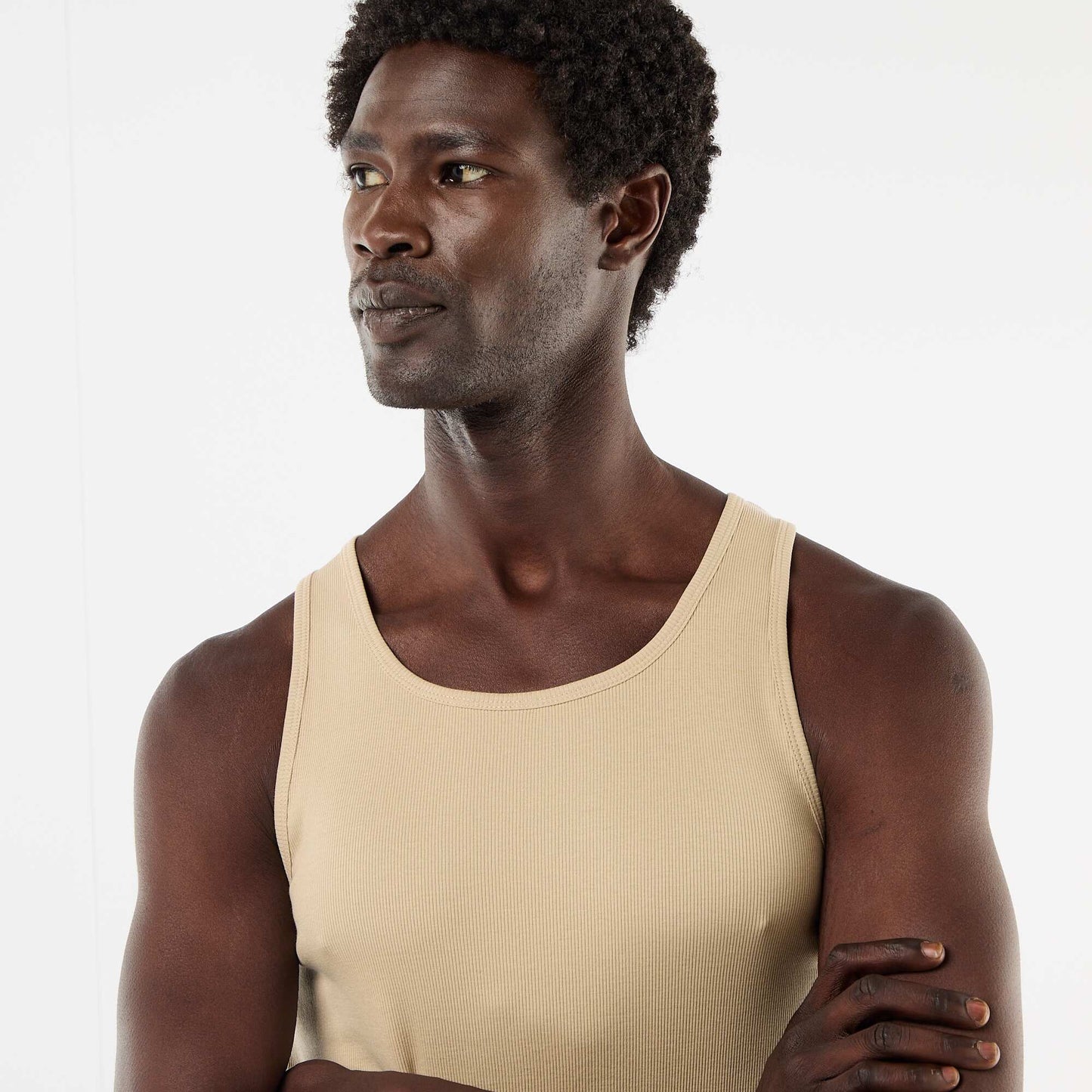 Plain vest top in ribbed knit fabric BEIGE