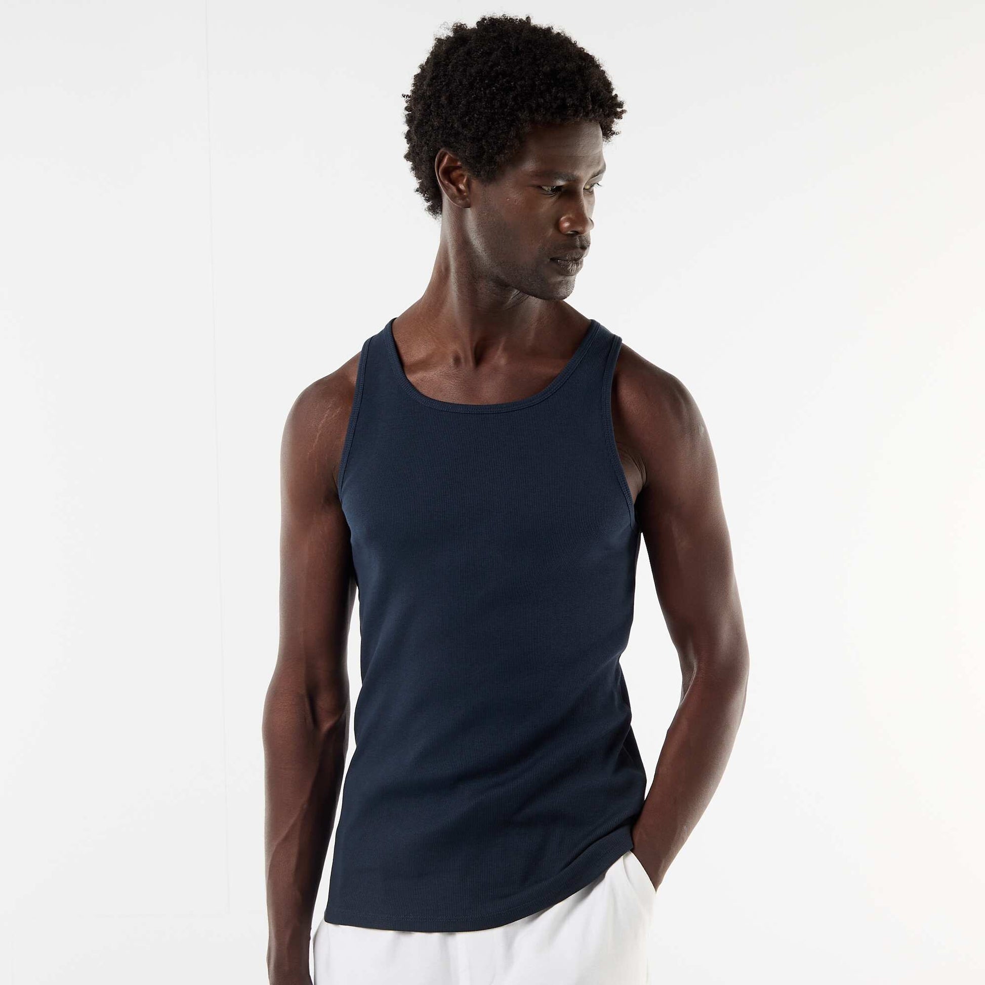 Plain vest top in ribbed knit fabric BLUE