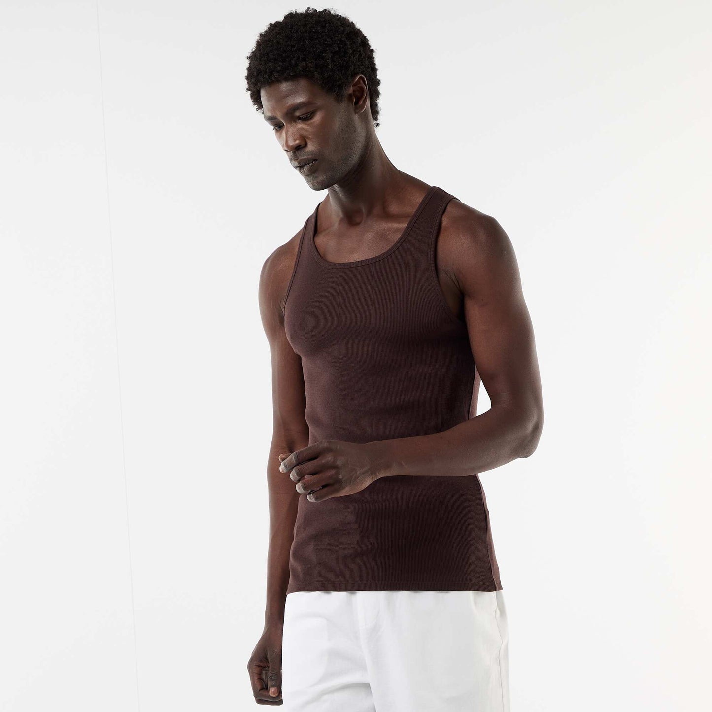 Plain vest top in ribbed knit fabric BROWN
