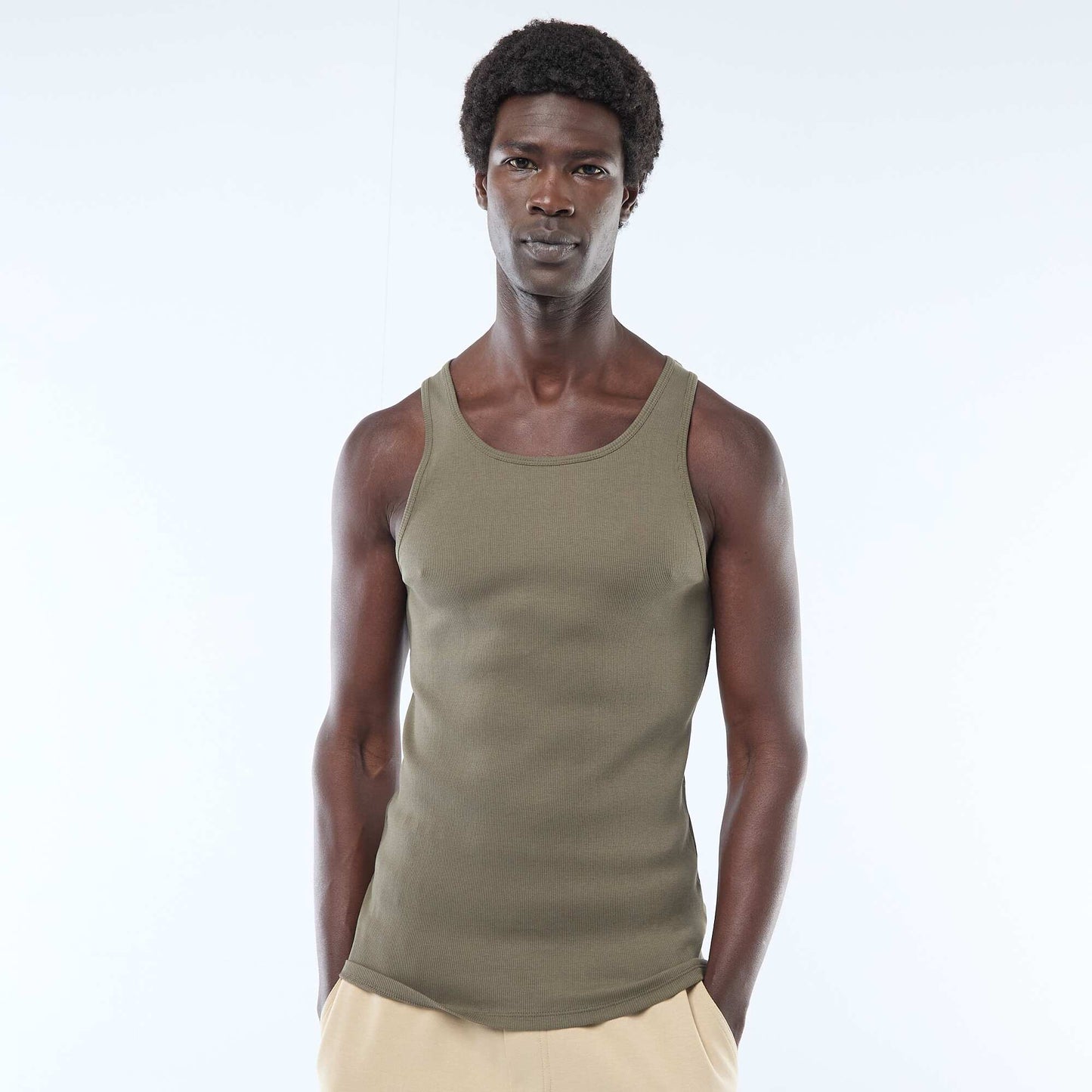 Plain vest top in ribbed knit fabric KHAKI
