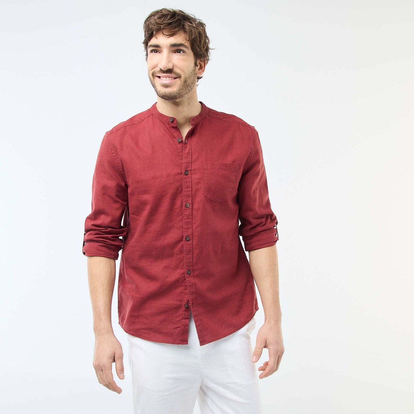 Mandarin collar shirt with linen RED