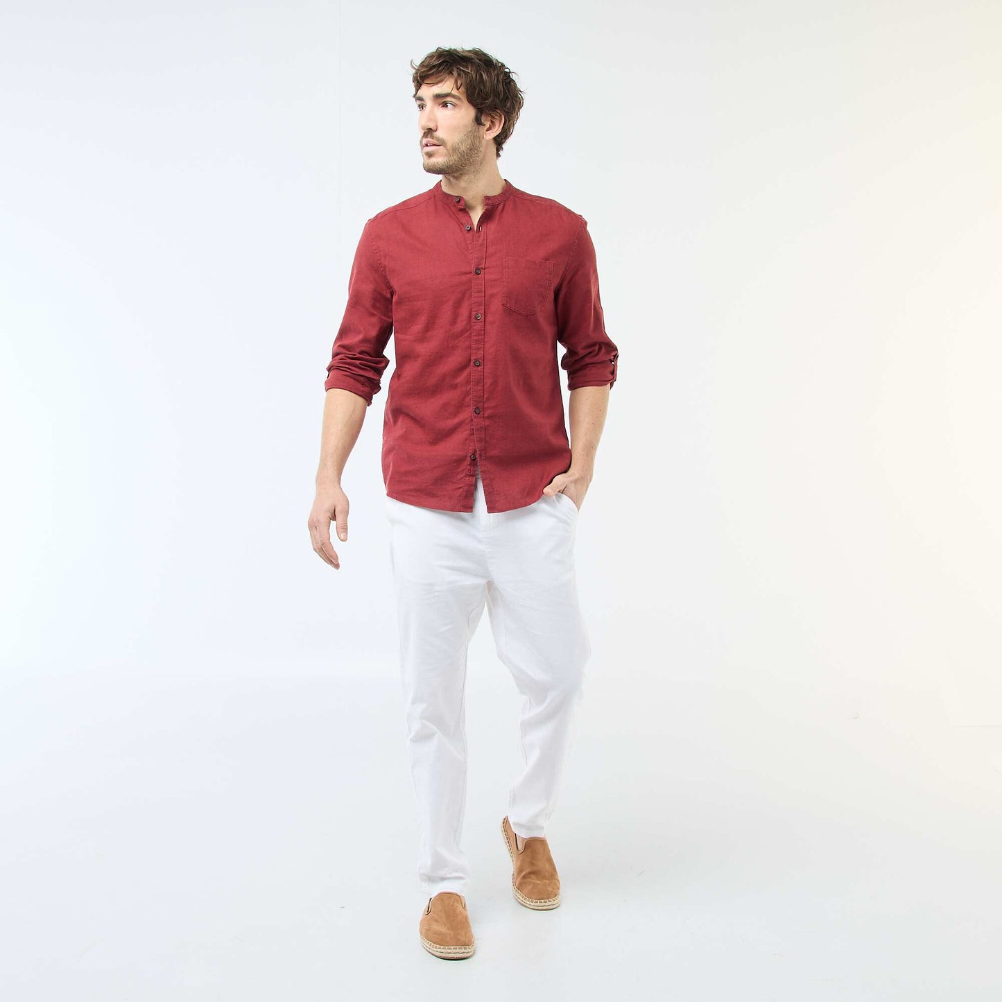 Mandarin collar shirt with linen RED