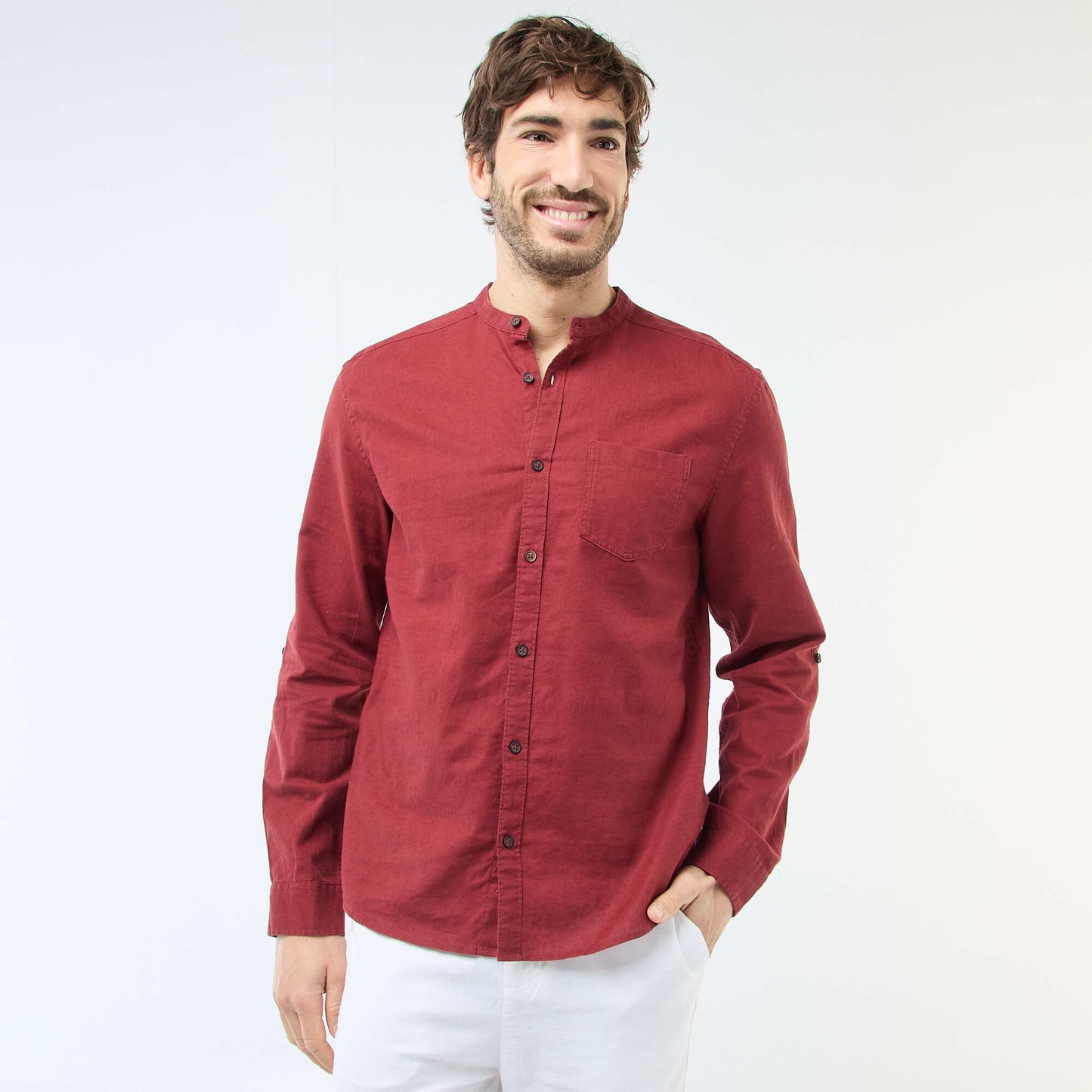 Mandarin collar shirt with linen RED