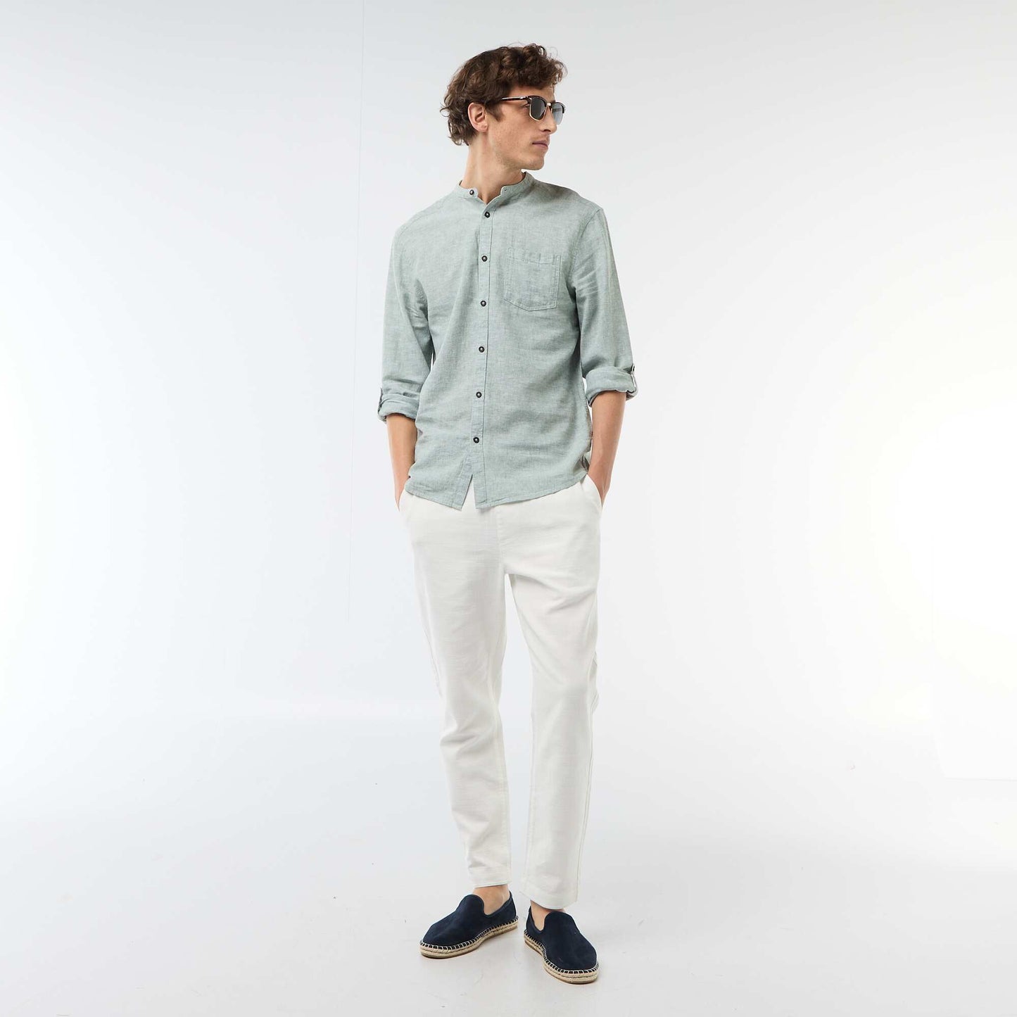 Mandarin collar shirt with linen GREEN