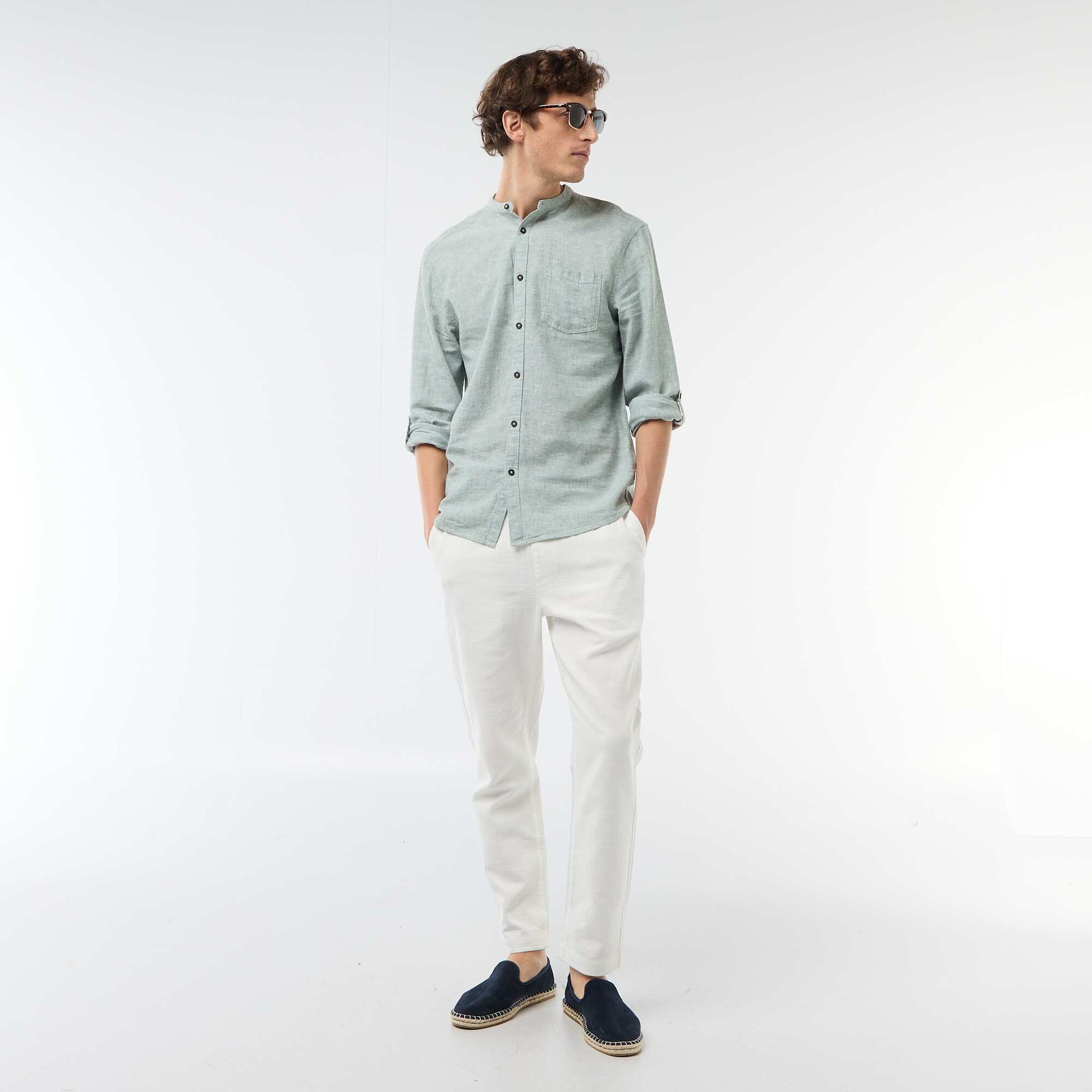 Mandarin collar shirt with linen GREEN