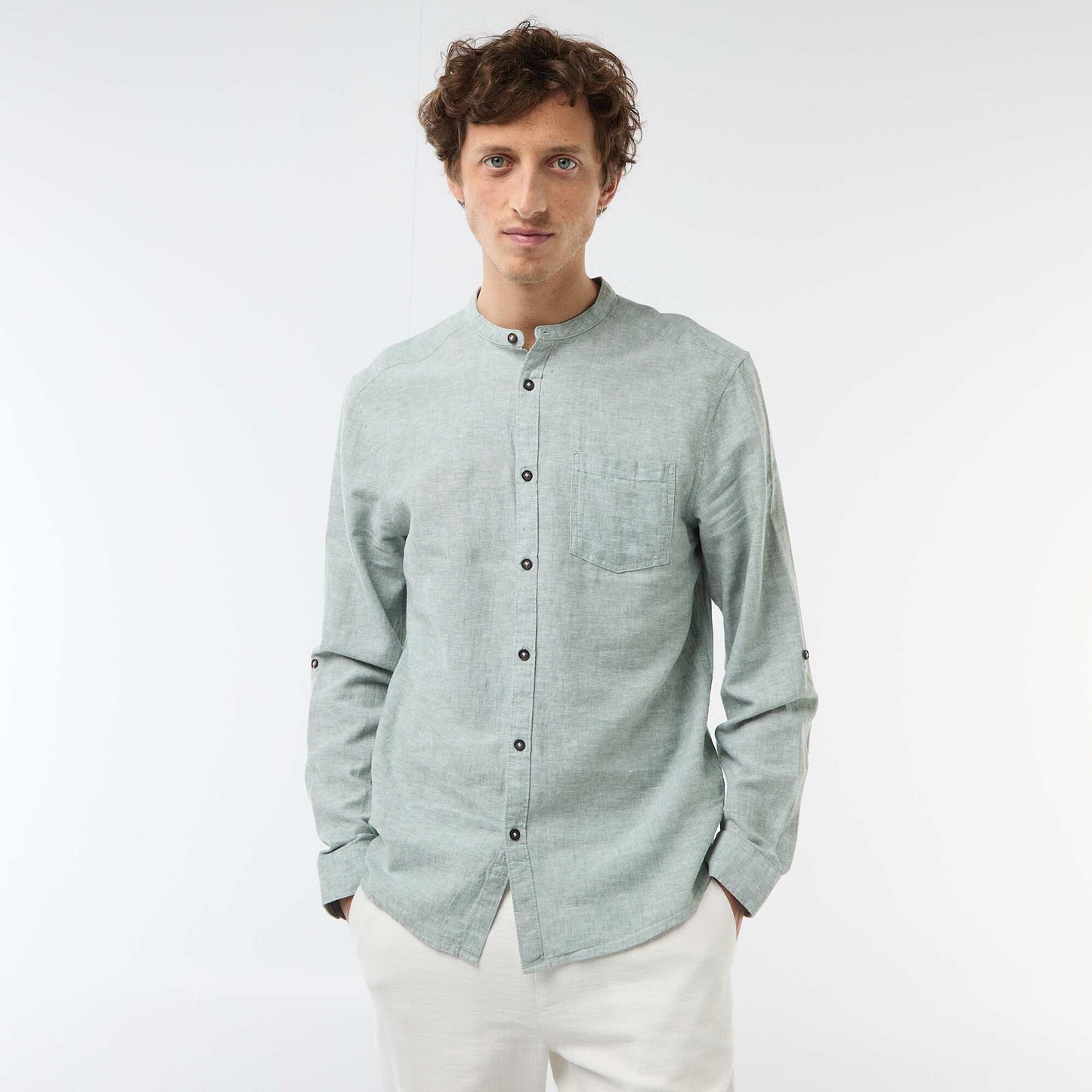 Mandarin collar shirt with linen GREEN