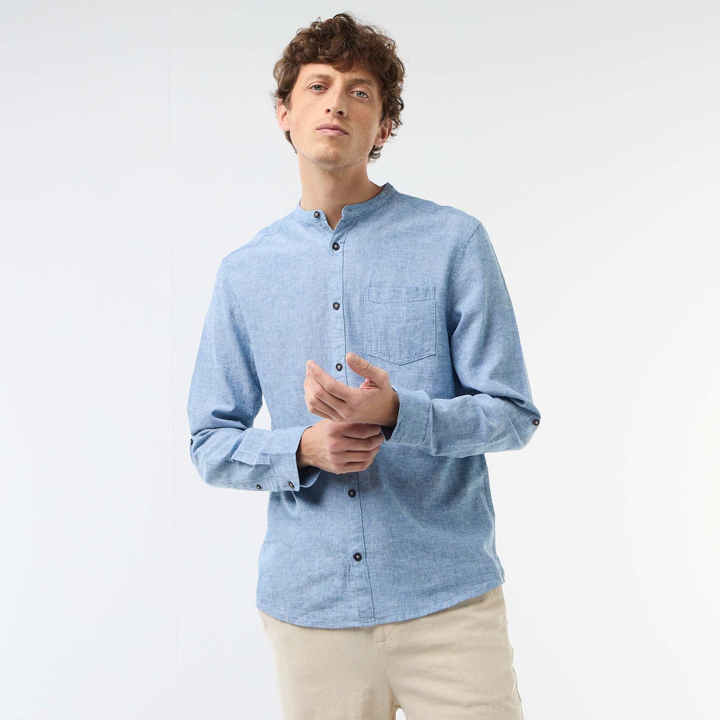 Mandarin collar shirt with linen BLUE