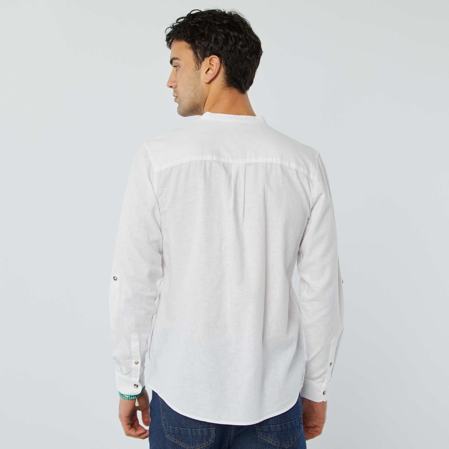 Mandarin collar shirt with linen WHITE