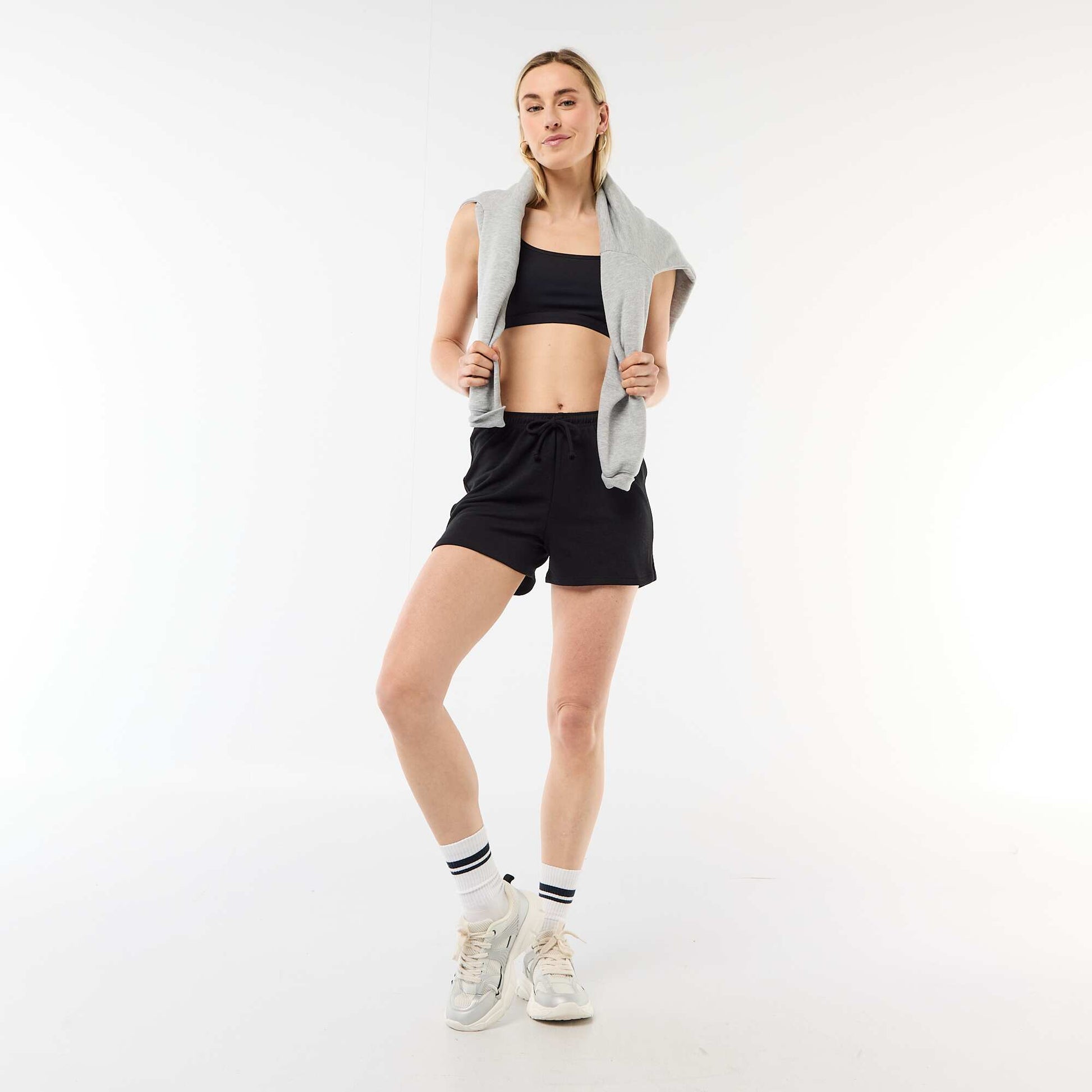 Plain Cotton Short Shorts with Drawstring BLACK