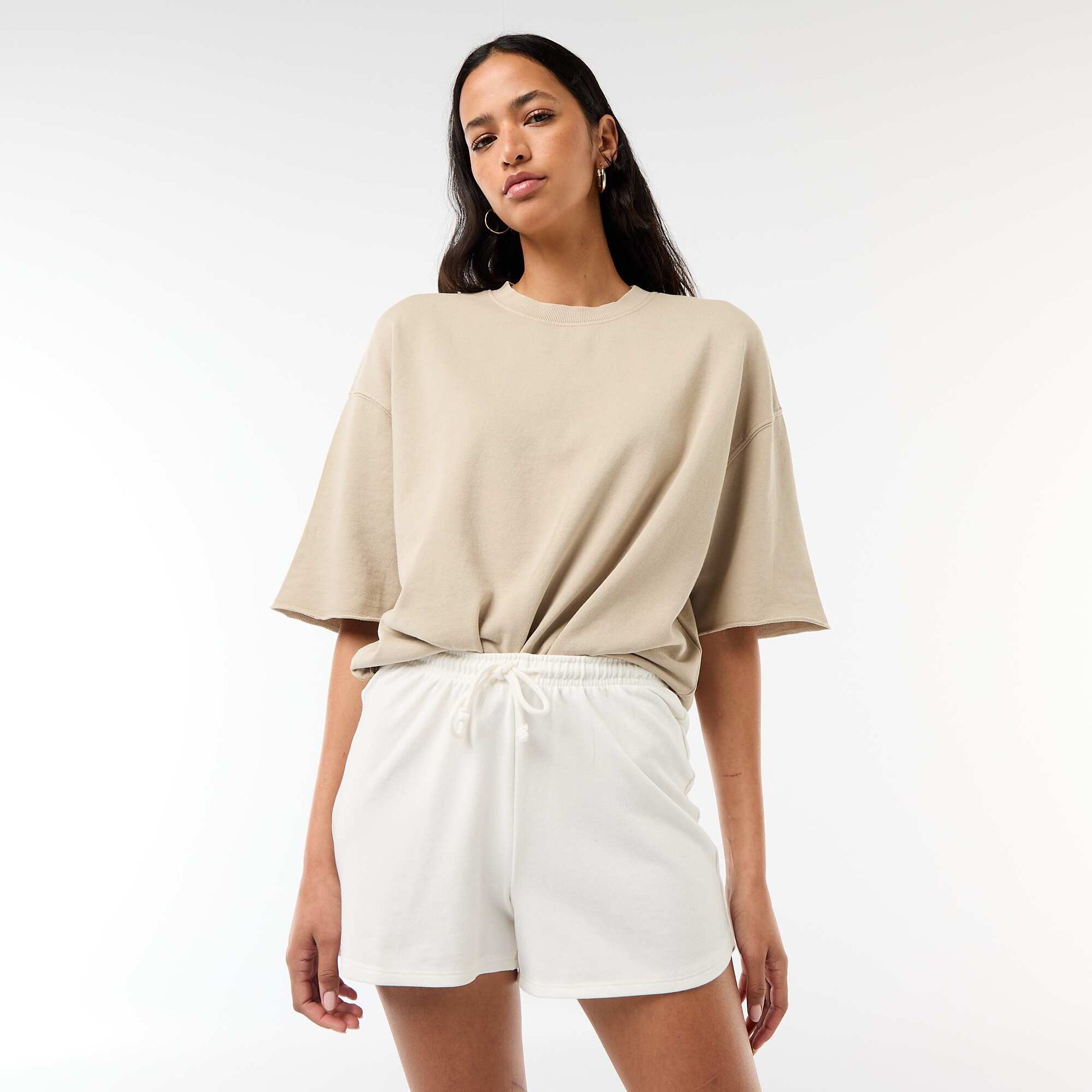 Plain Cotton Short Shorts with Drawstring WHITE