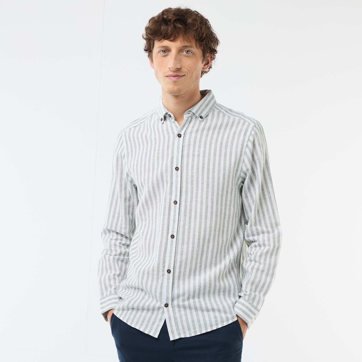 Striped Linen and Cotton Shirt GREEN
