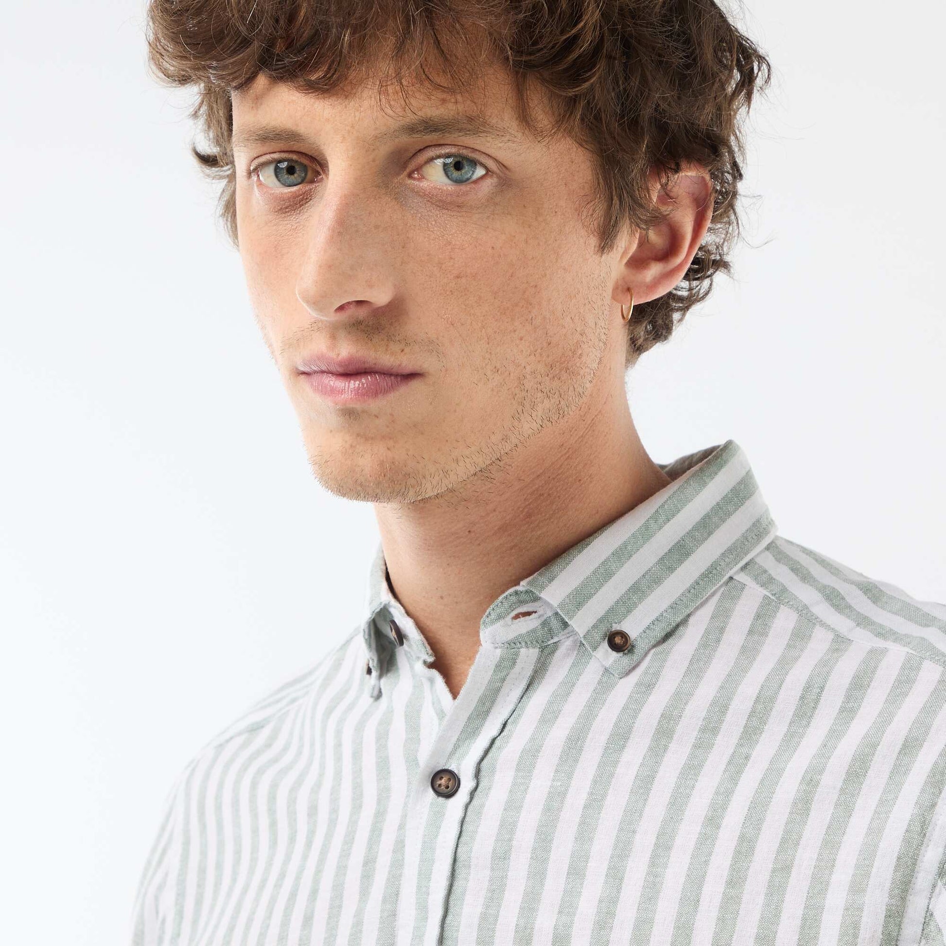 Striped Linen and Cotton Shirt GREEN