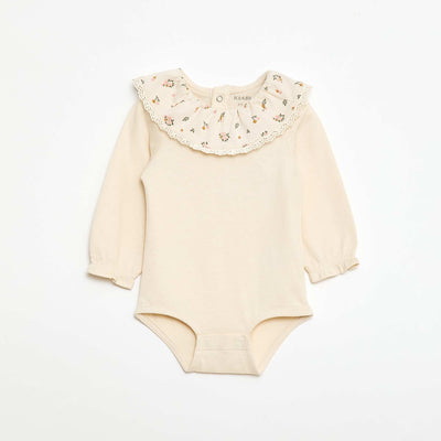 Plain Bodysuit with Printed Peter Pan Collar WHITE