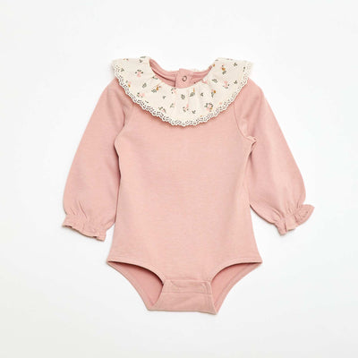 Plain Bodysuit with Printed Peter Pan Collar WHITE