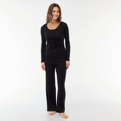 Pointelle Knit Long Pajama Set - 2 Piece BLACK