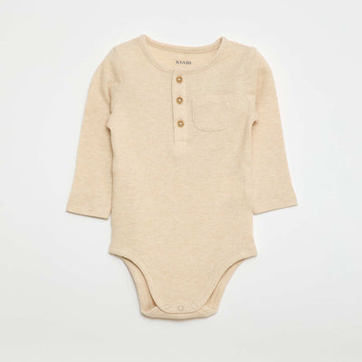 Long-sleeved Waffle Knit Bodysuit BEIGE