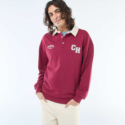 Rugby-Style Long Sleeve Polo Shirt RED