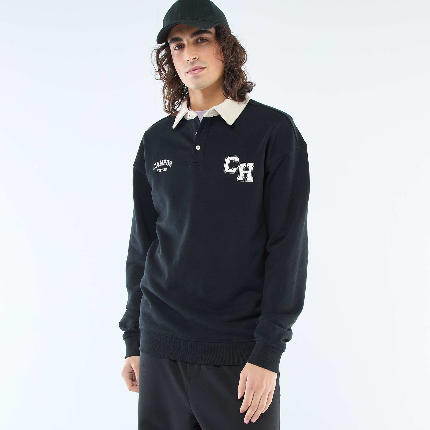 Long-Sleeve Rugby Style Polo Shirt BLACK