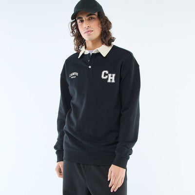 Long-Sleeve Rugby Style Polo Shirt BLACK