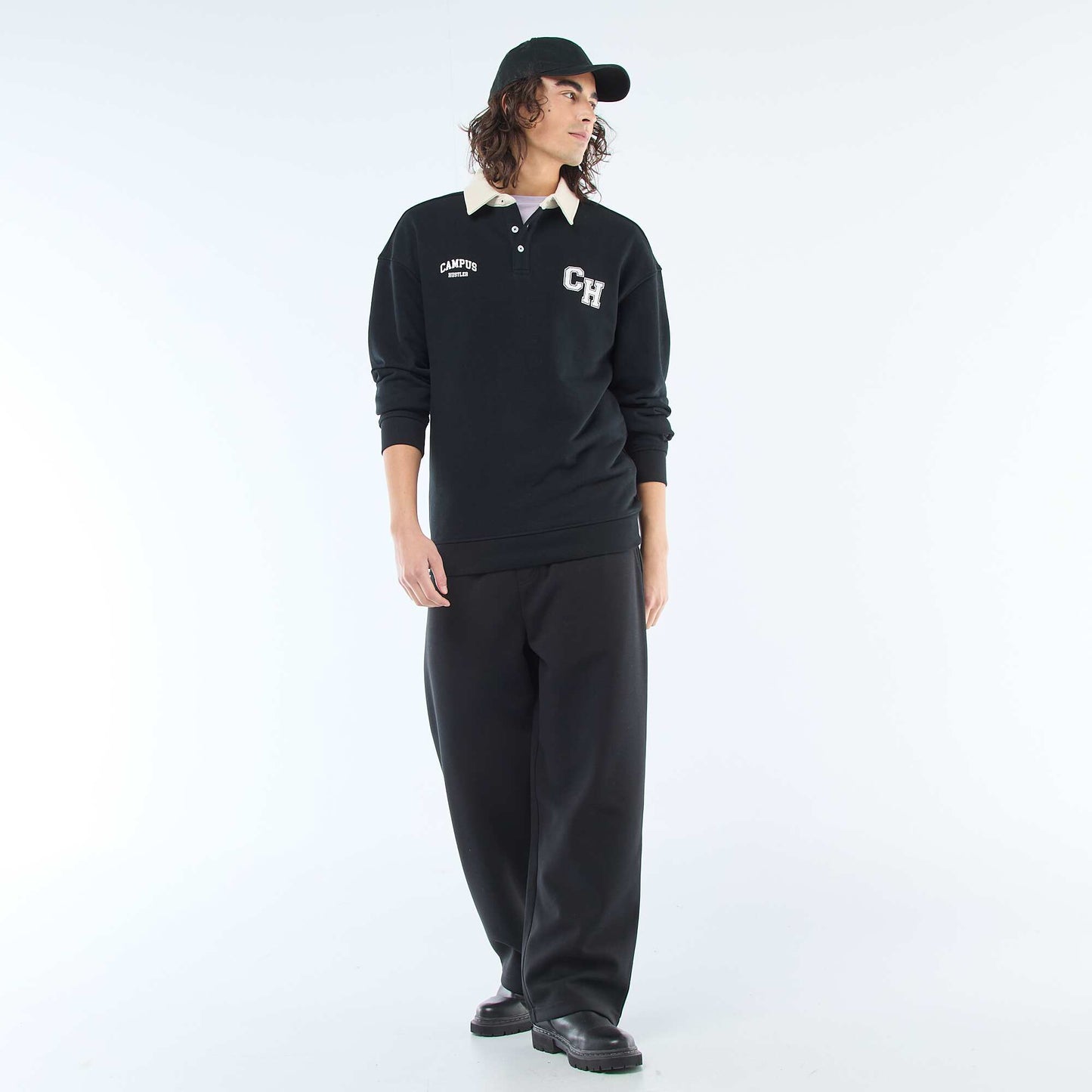 Long-Sleeve Rugby Style Polo Shirt BLACK
