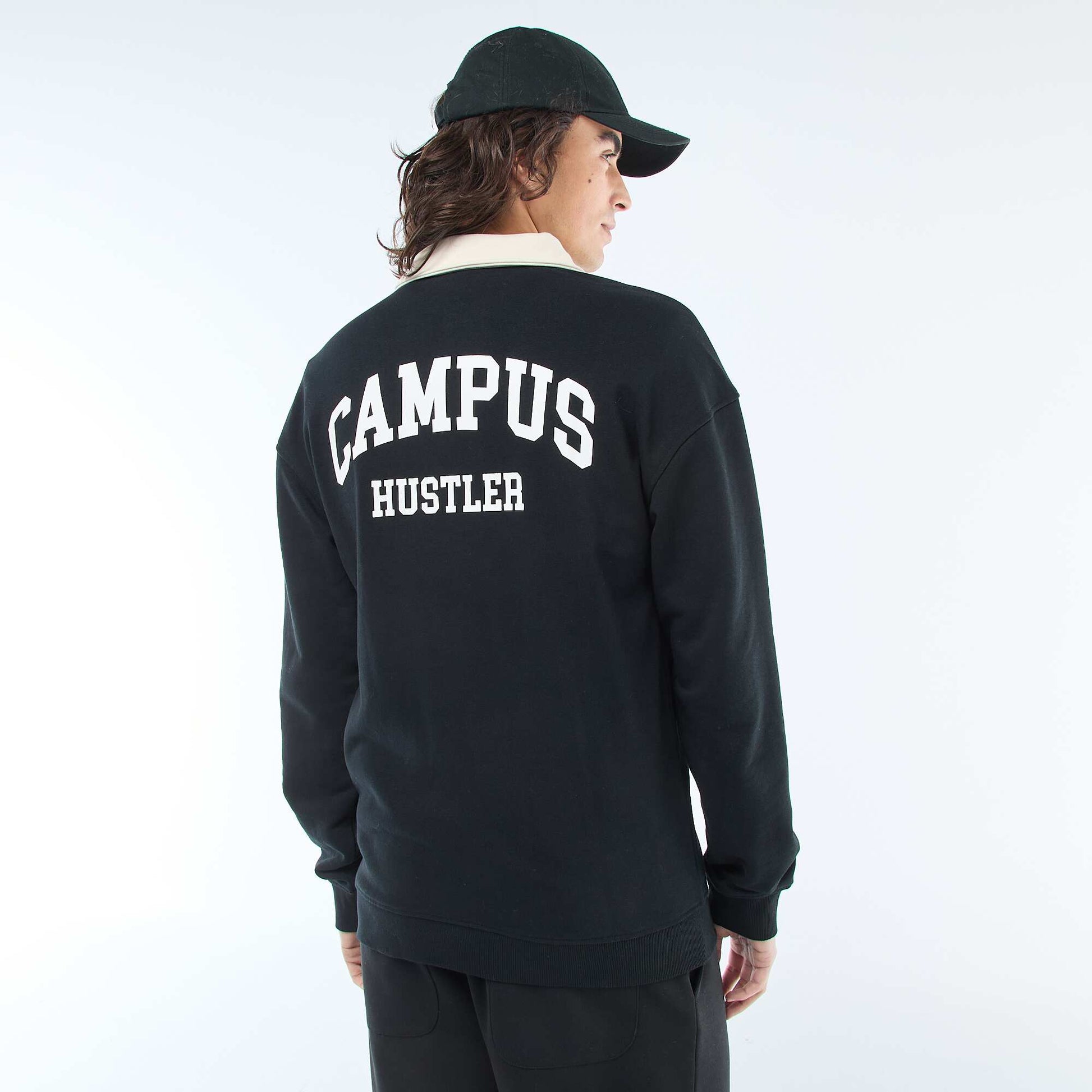 Long-Sleeve Rugby Style Polo Shirt BLACK