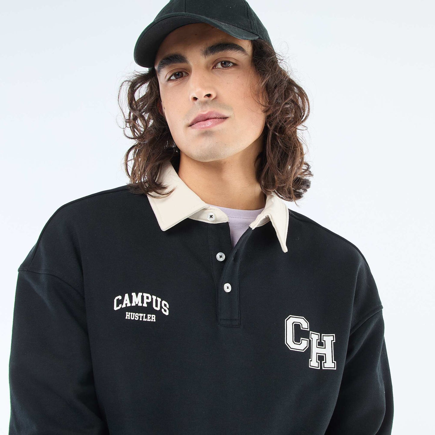 Long-Sleeve Rugby Style Polo Shirt BLACK