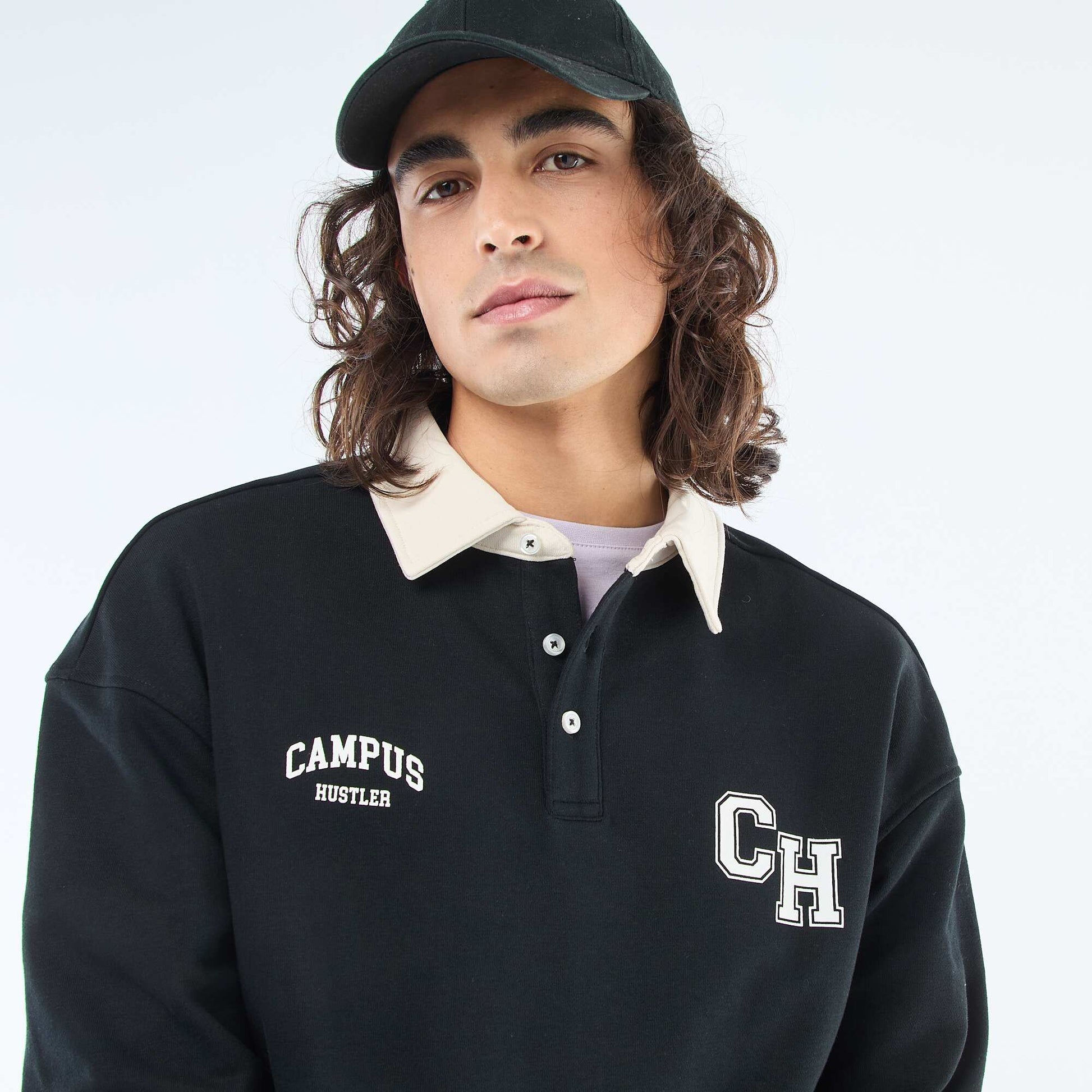 Long-Sleeve Rugby Style Polo Shirt BLACK
