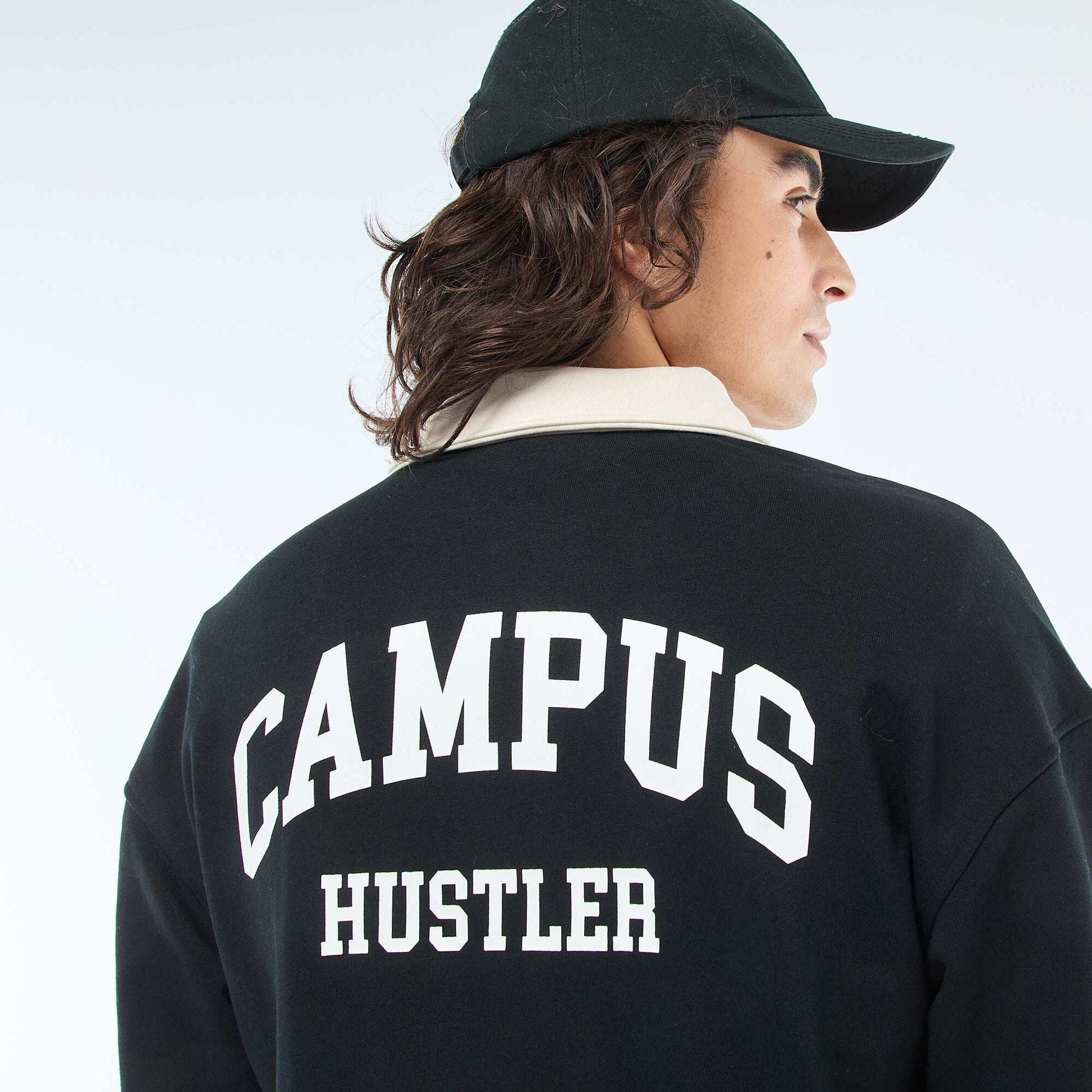 Long-Sleeve Rugby Style Polo Shirt BLACK