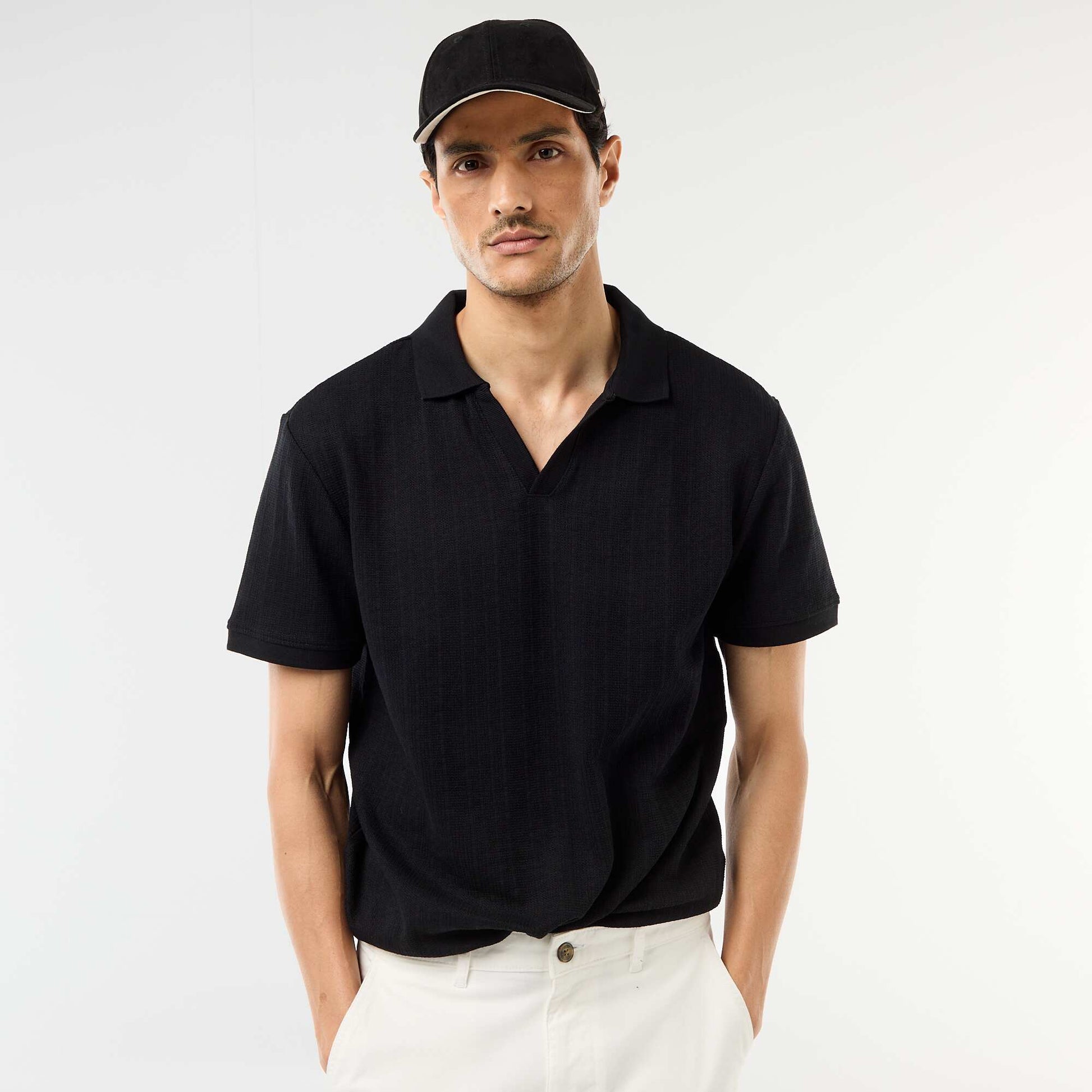Honeycomb Knit Short-Sleeve Polo Shirt BLACK