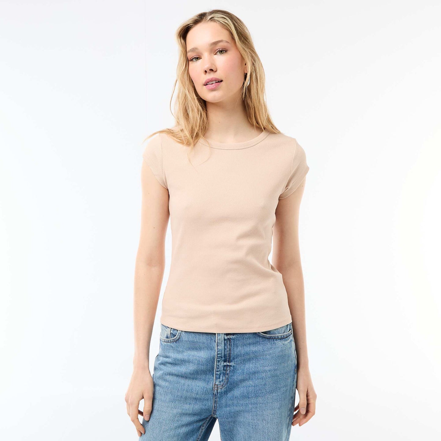 Ribbed Short-Sleeve Jersey T-Shirt BEIGE
